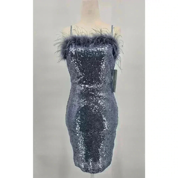 Honey and Rosie Junior's M Blue Feather-Trim Sequin Bodycon Dress NWT - Picture 1 of 11